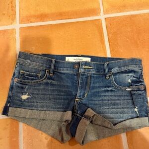 Abercrombie & Fitch Women's Distressed Dark Blue Roll-Cuff Denim Shorts